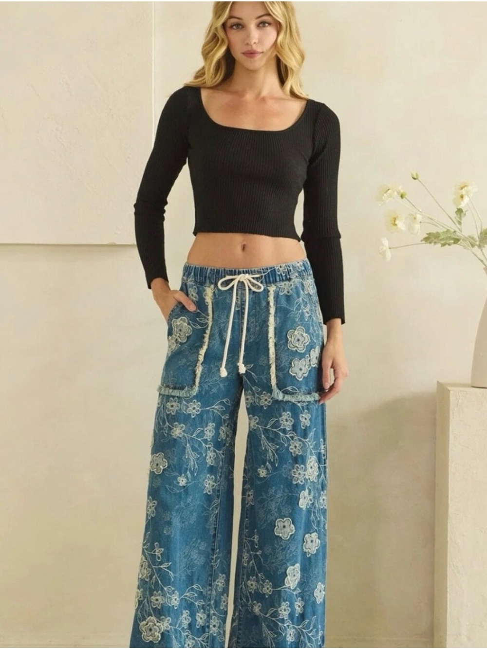 Oli & Hali Blue Floral Wide-Leg Jeans with Drawstring